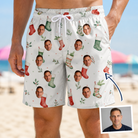Man wearing Men's Hearth Hangers Custom Face Beach Shorts — custom faces printed all-over