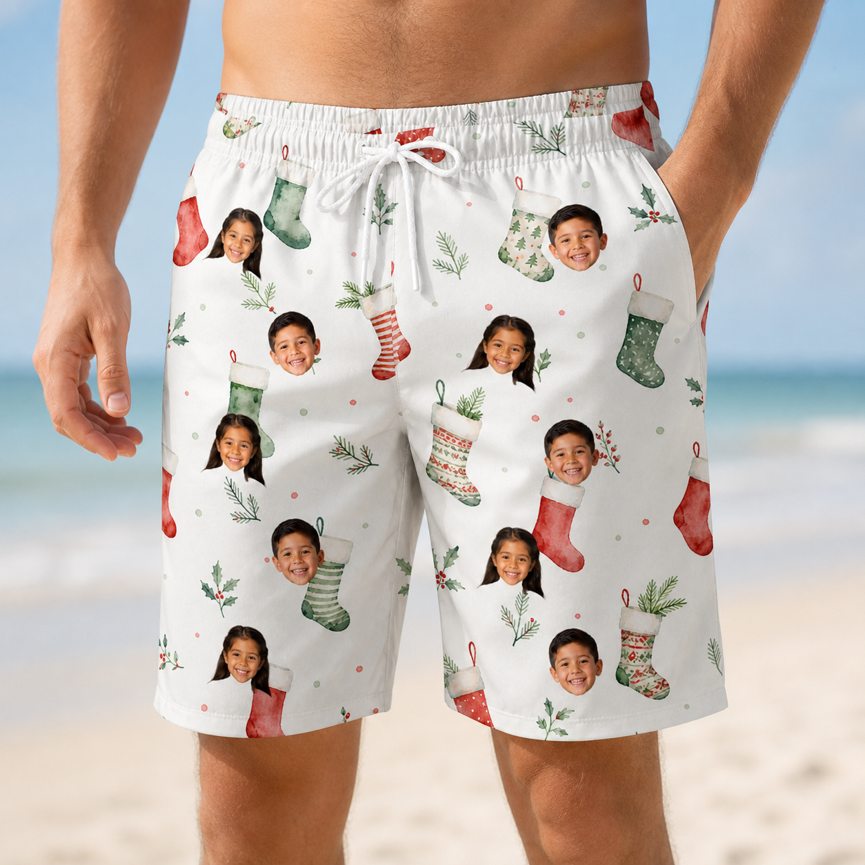 Model wearing Men's Hearth Hangers Custom Face Beach Shorts printed with kids' faces