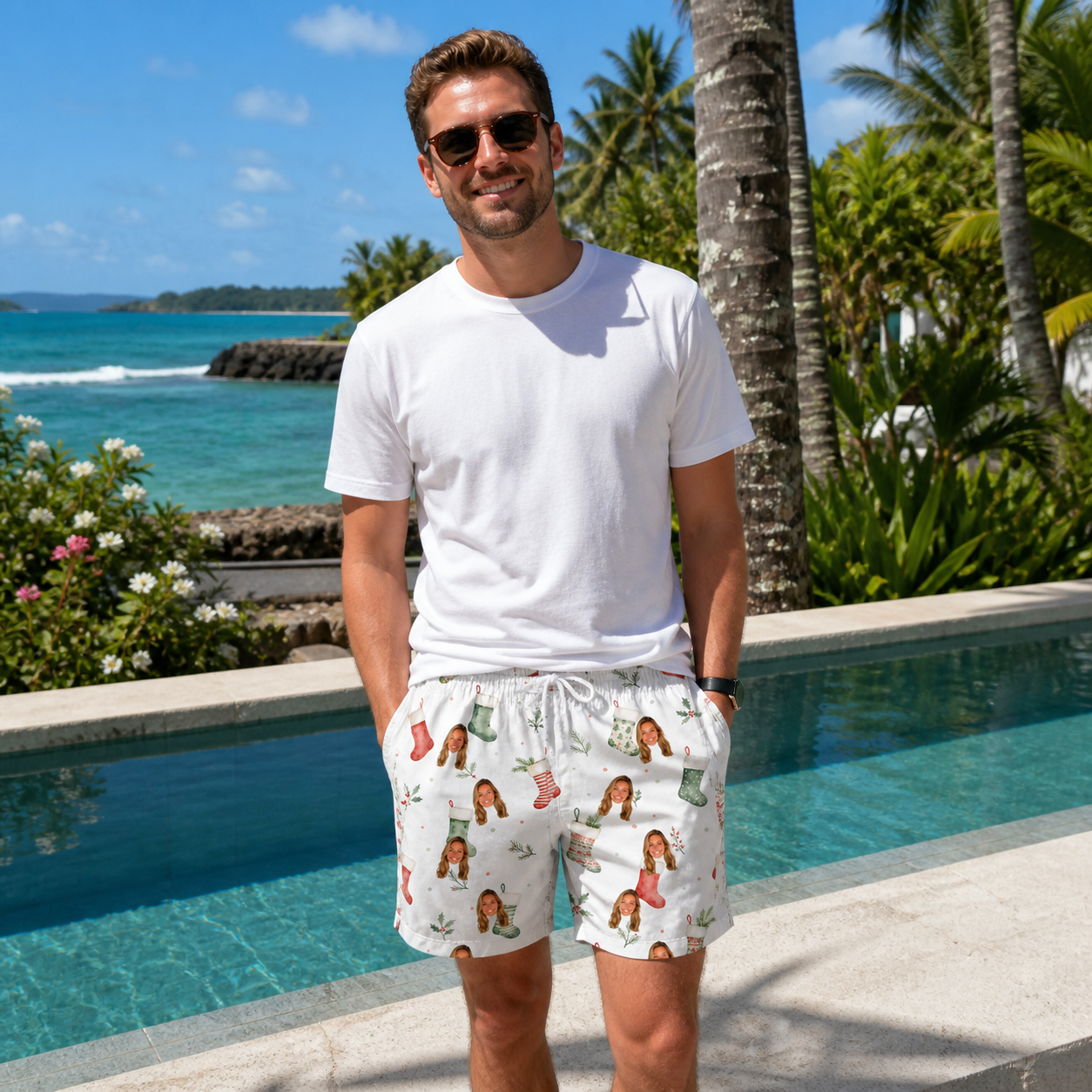 Real-life photo of someone wearing Men's Hearth Hangers Custom Face Beach Shorts — custom faces printed all-over