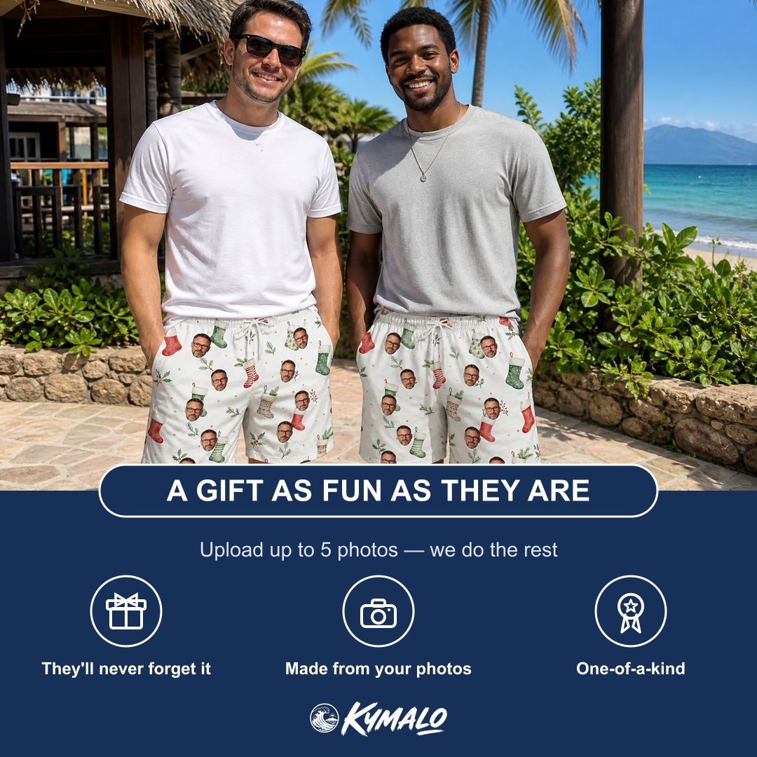 Friends in matching Men's Hearth Hangers Custom Face Beach Shorts — a group gift photo