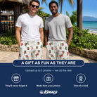 Friends in matching Men's Hearth Hangers Custom Face Beach Shorts — a group gift photo