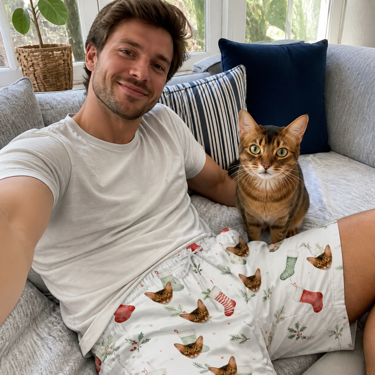 Selfie with the pet whose face is printed all over this Men's Hearth Hangers Custom Cat Face Beach Shorts