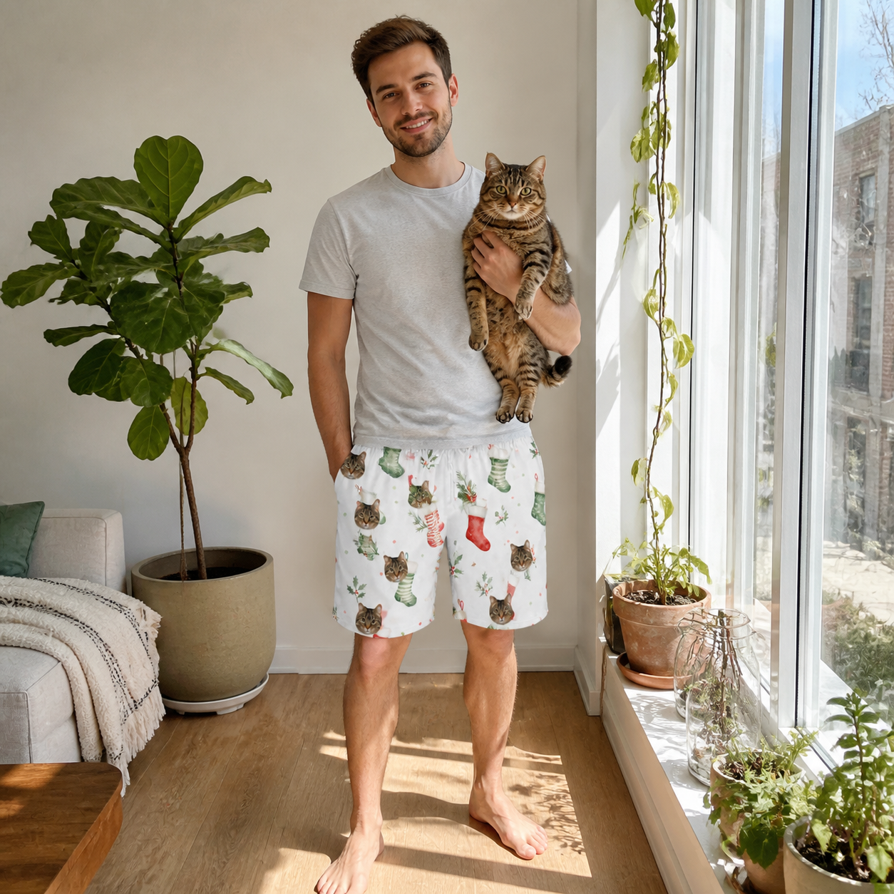 Full-length photo with the pet printed all over this Men's Hearth Hangers Custom Cat Face Beach Shorts