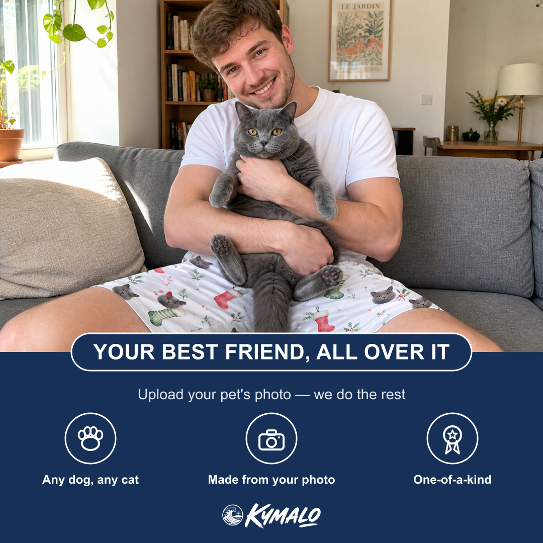 Friends in matching Men's Hearth Hangers Custom Cat Face Beach Shorts — a group gift photo
