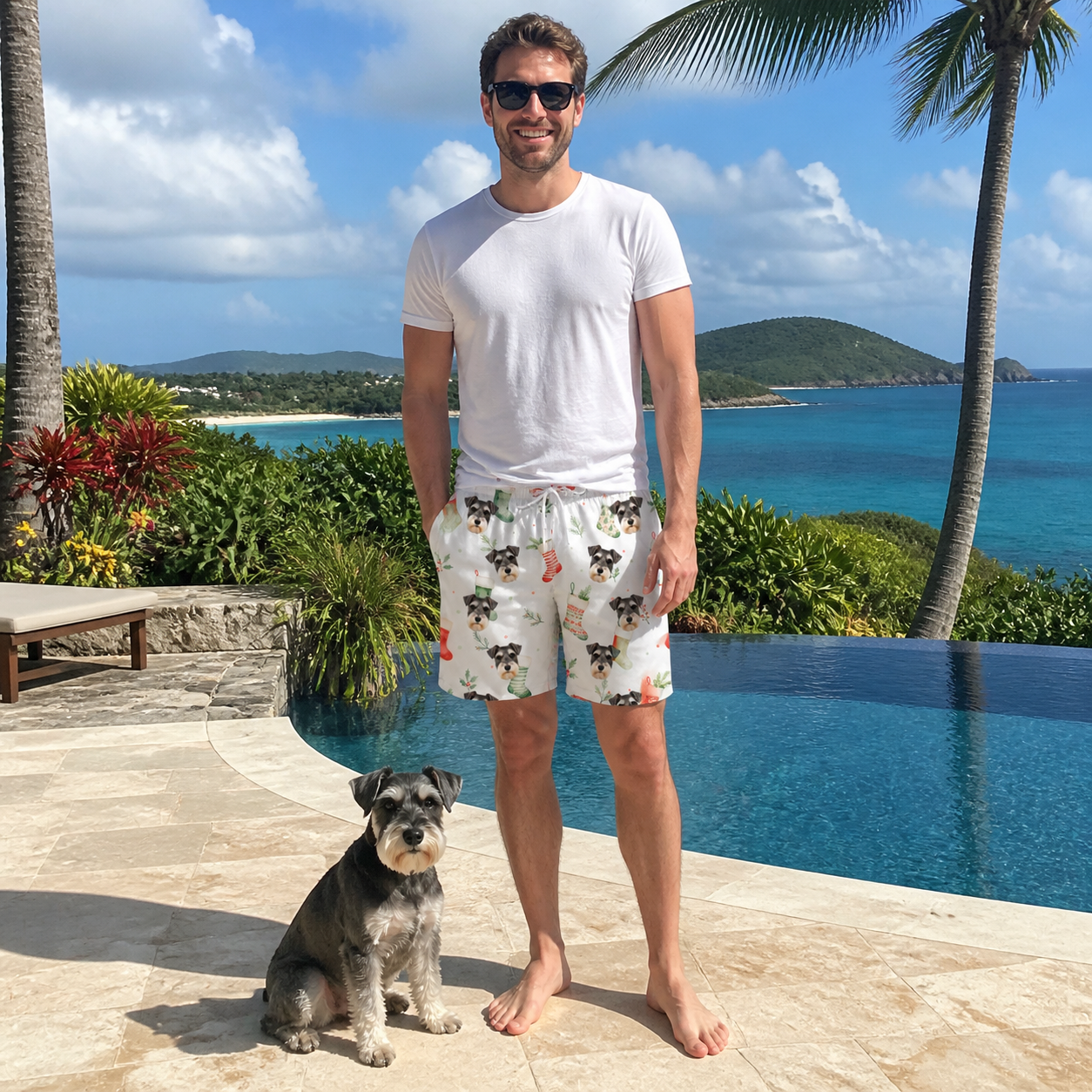 Full-length photo with the pet printed all over this Men's Hearth Hangers Custom Dog Face Beach Shorts