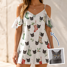 Woman wearing Women's Hearth Hangers Custom Cat Face Off-Shoulder Dress — custom faces printed all-over