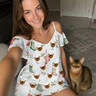 Selfie with the pet whose face is printed all over this Women's Hearth Hangers Custom Cat Face Off-Shoulder Dress