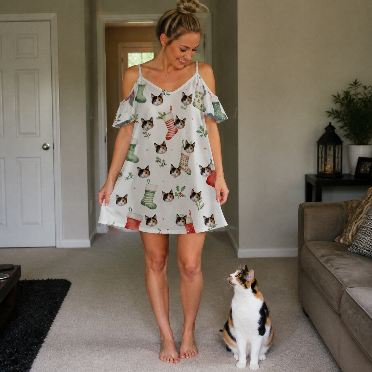 Full-length photo with the pet printed all over this Women's Hearth Hangers Custom Cat Face Off-Shoulder Dress