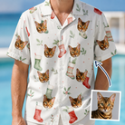 Man wearing Men's Hearth Hangers Custom Cat Face Hawaiian Shirt — custom faces printed all-over