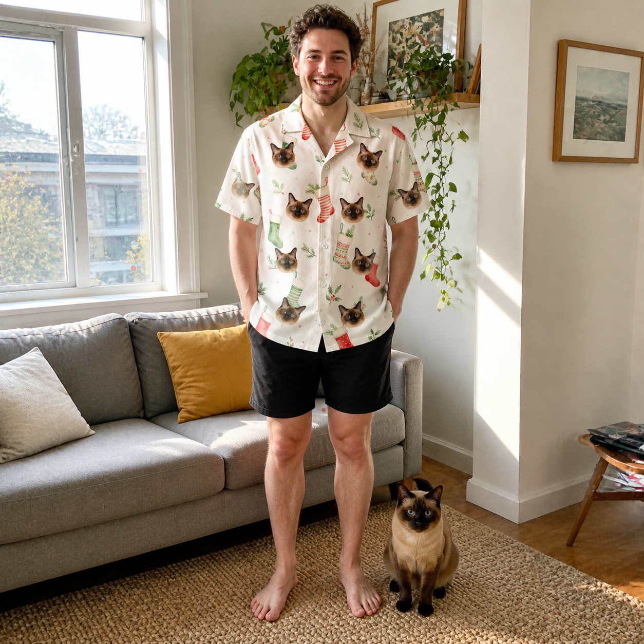 Full-length photo with the pet printed all over this Men's Hearth Hangers Custom Cat Face Hawaiian Shirt