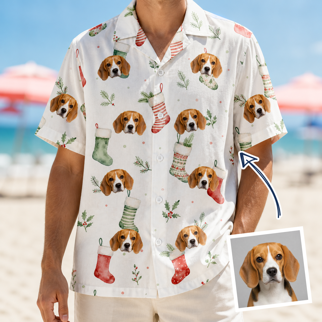 Man wearing Men's Hearth Hangers Custom Dog Face Hawaiian Shirt — custom faces printed all-over