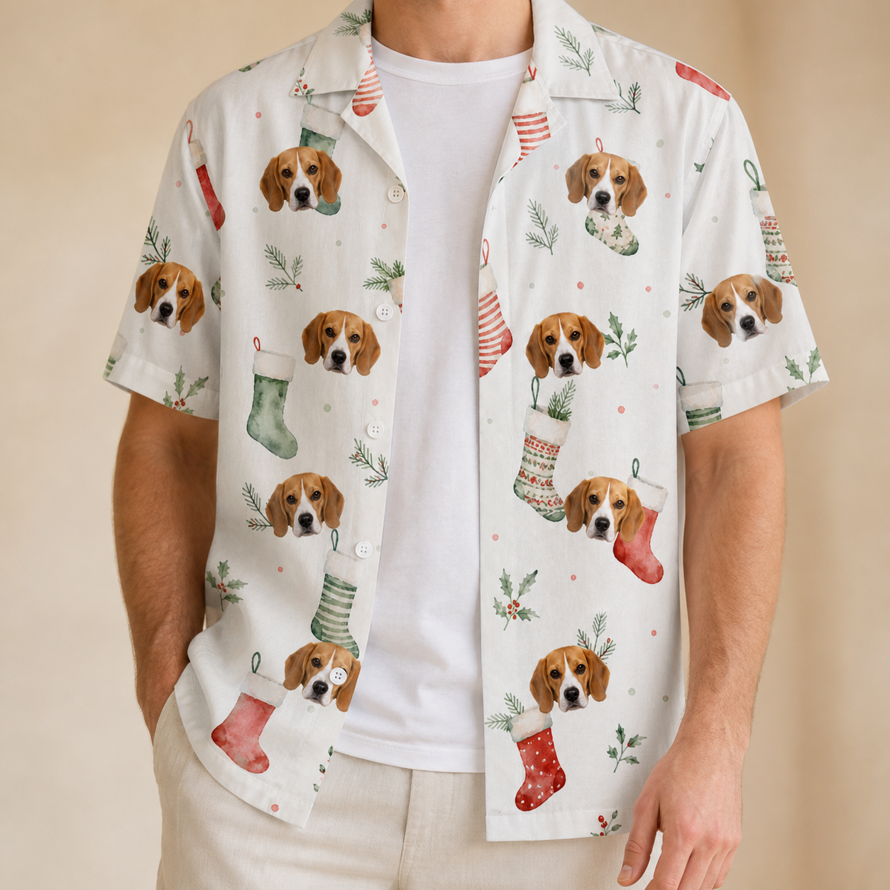 Man wearing Men's Hearth Hangers Custom Dog Face Hawaiian Shirt open over a white tee