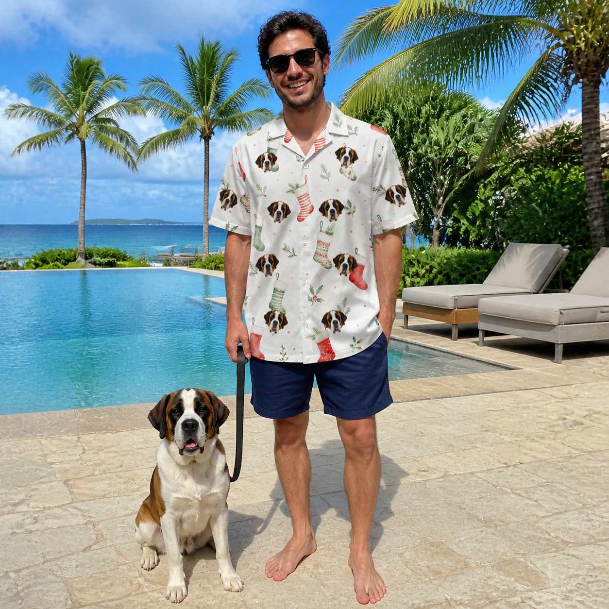 Full-length photo with the pet printed all over this Men's Hearth Hangers Custom Dog Face Hawaiian Shirt
