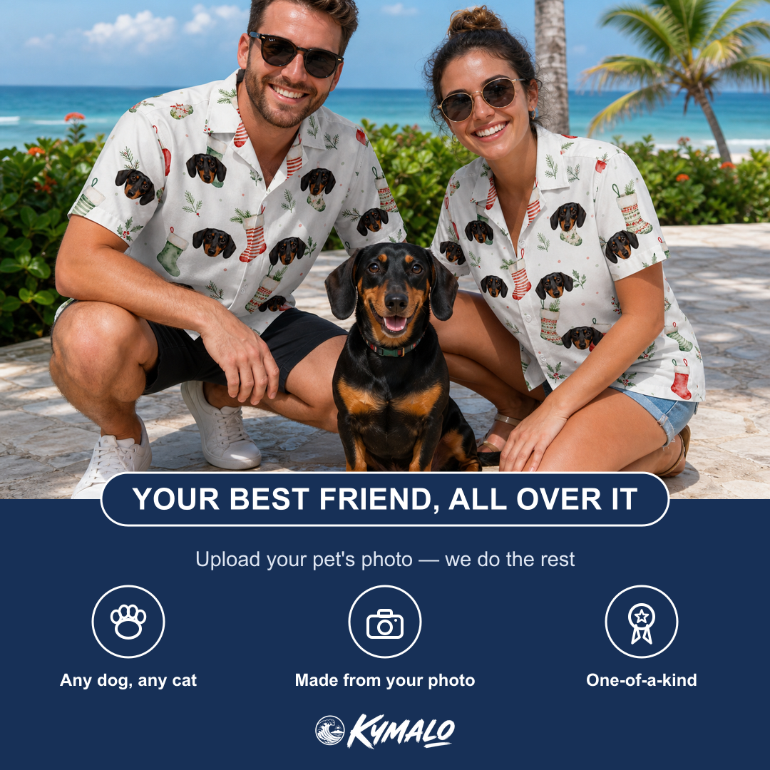 Friends in matching Men's Hearth Hangers Custom Dog Face Hawaiian Shirt — a group gift photo