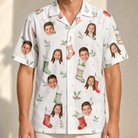 Model wearing Men's Hearth Hangers Custom Face Hawaiian Shirt printed with kids' faces