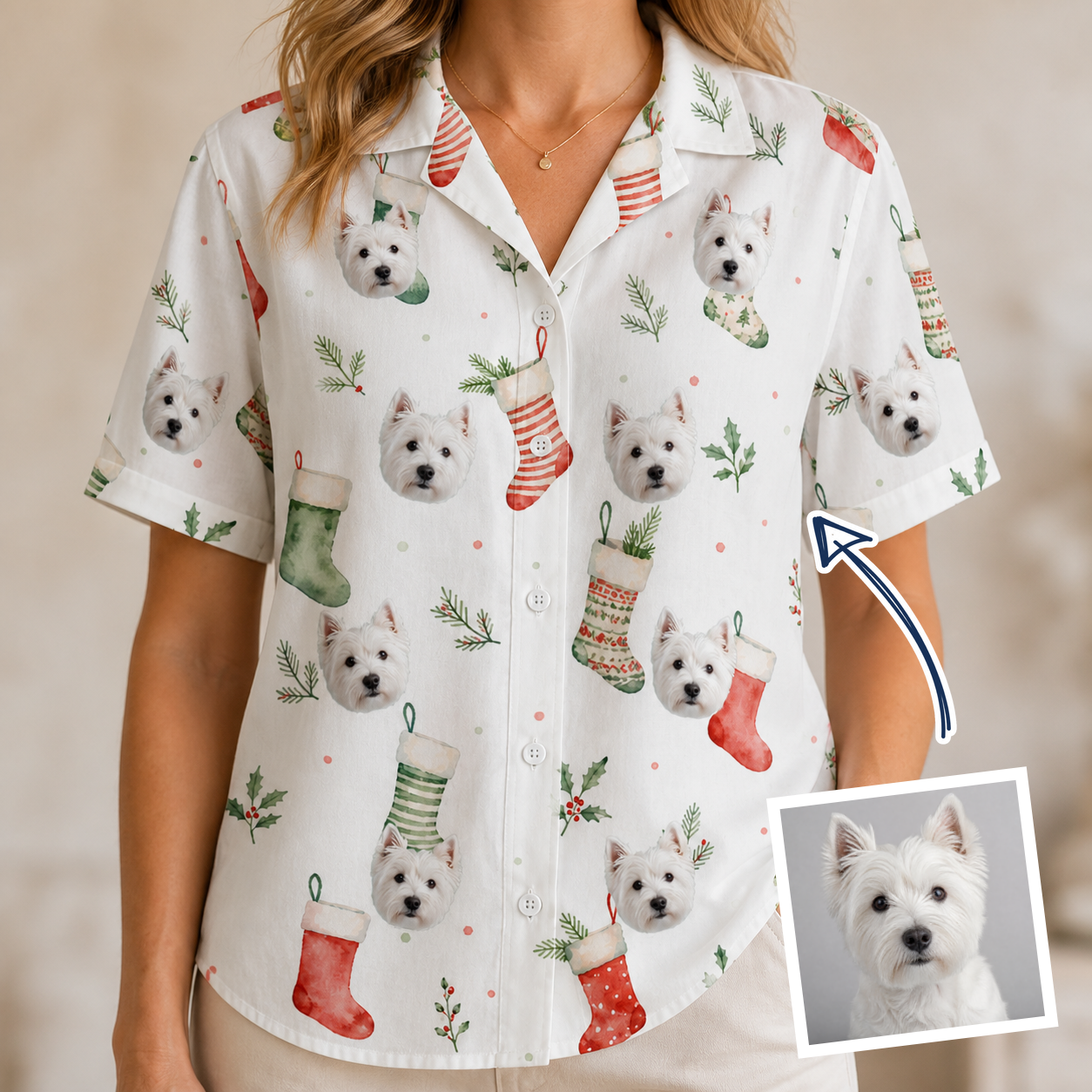 Woman wearing Women's Hearth Hangers Custom Dog Face Hawaiian Shirt — custom faces printed all-over