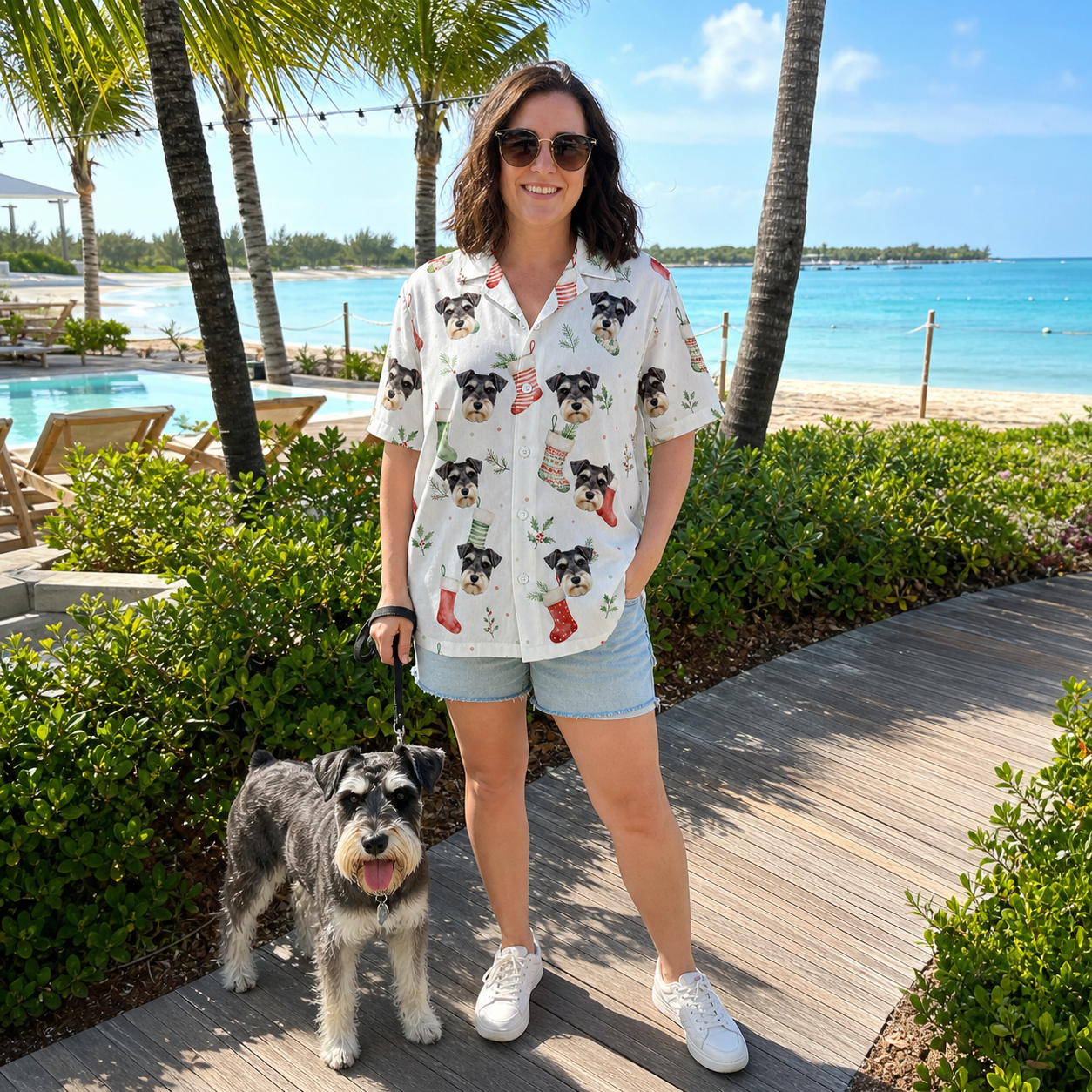 Full-length photo with the pet printed all over this Women's Hearth Hangers Custom Dog Face Hawaiian Shirt