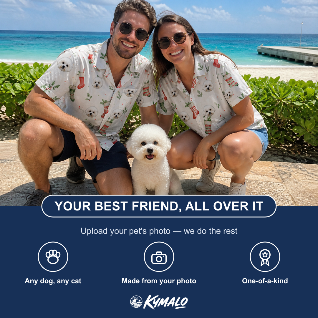 Friends in matching Women's Hearth Hangers Custom Dog Face Hawaiian Shirt — a group gift photo