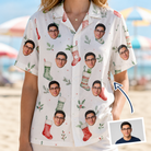 Woman wearing Women's Hearth Hangers Custom Face Hawaiian Shirt — custom faces printed all-over