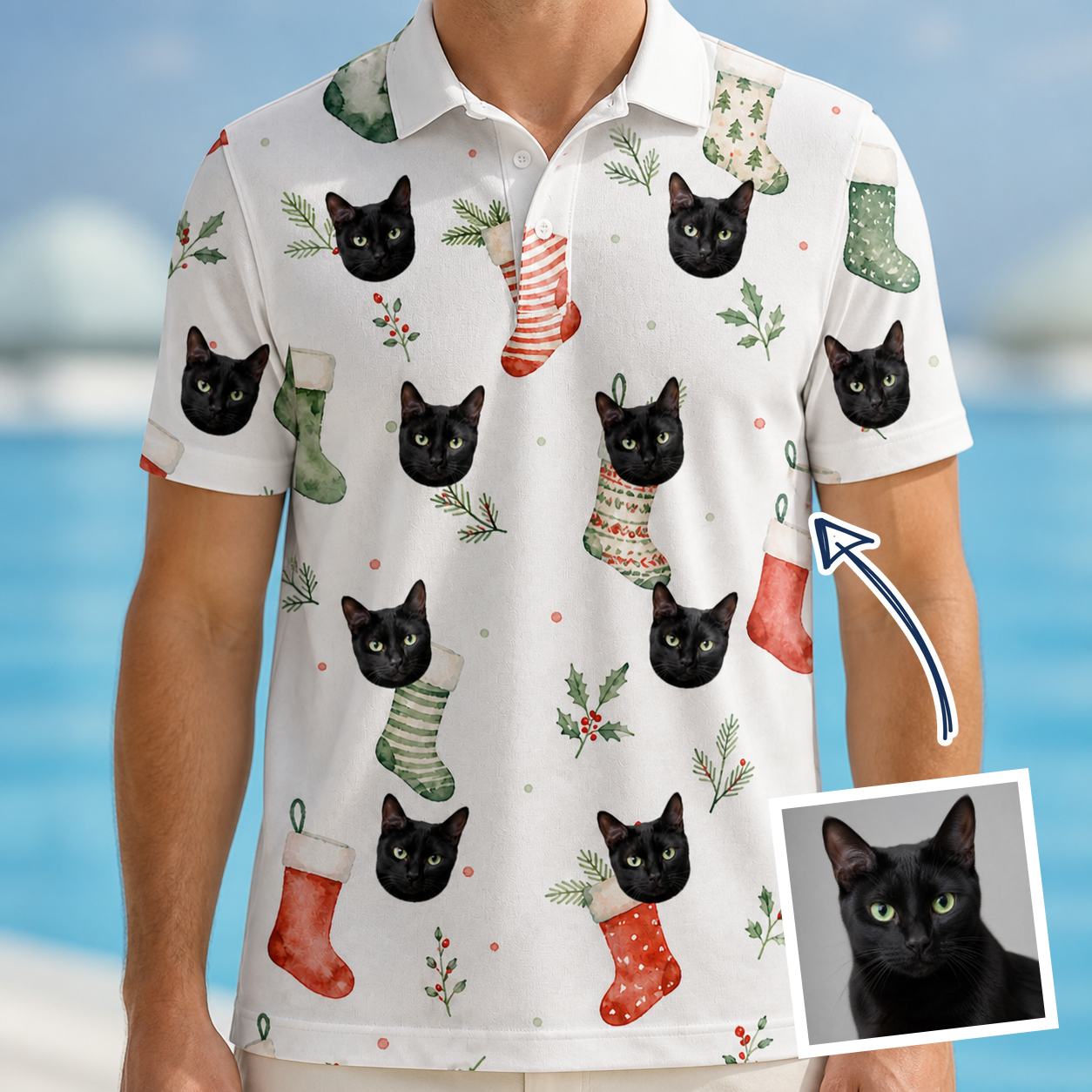 Man wearing Men's Hearth Hangers Custom Cat Face Polo Shirt — custom faces printed all-over