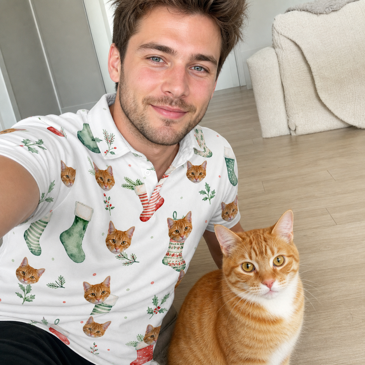 Selfie with the pet whose face is printed all over this Men's Hearth Hangers Custom Cat Face Polo Shirt