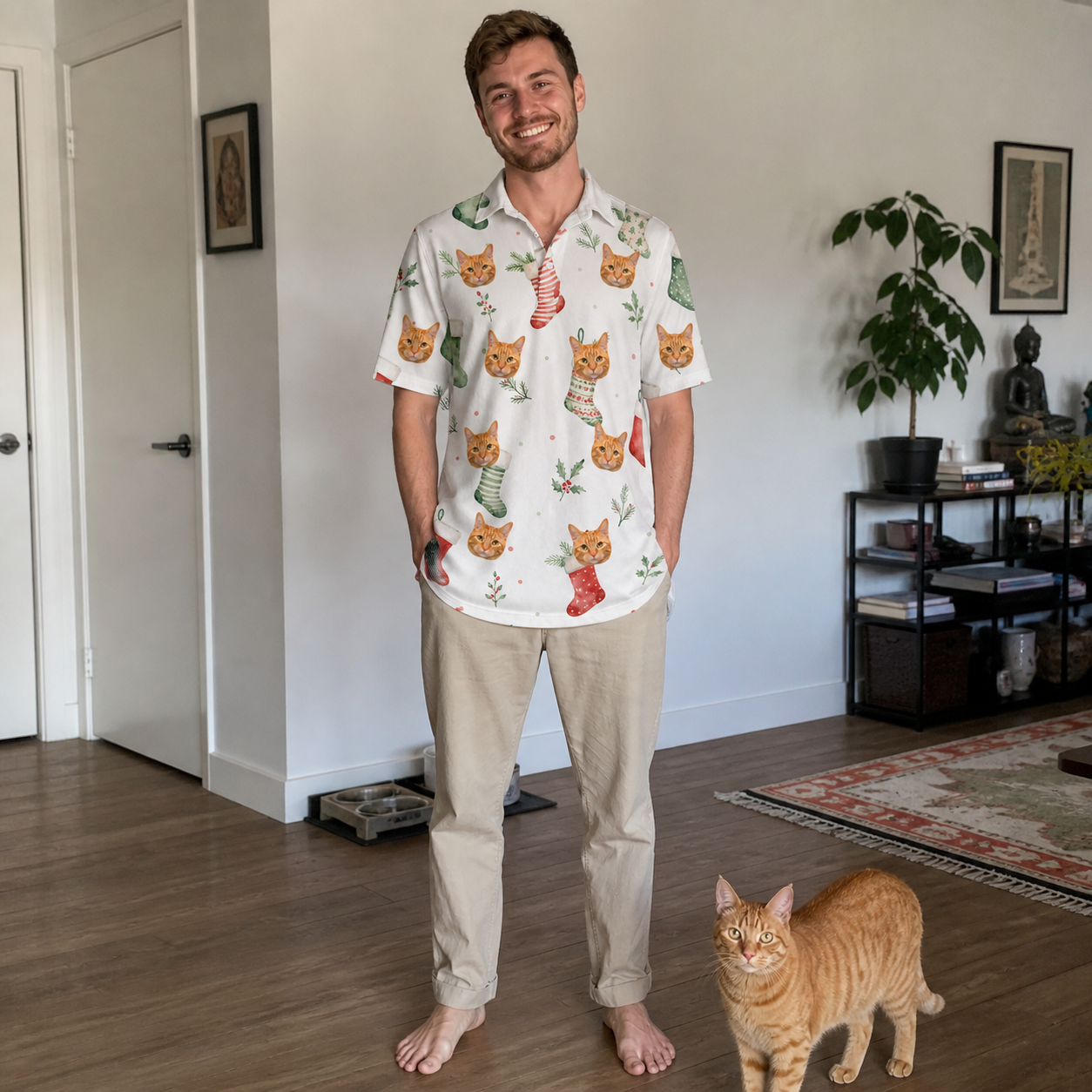 Full-length photo with the pet printed all over this Men's Hearth Hangers Custom Cat Face Polo Shirt