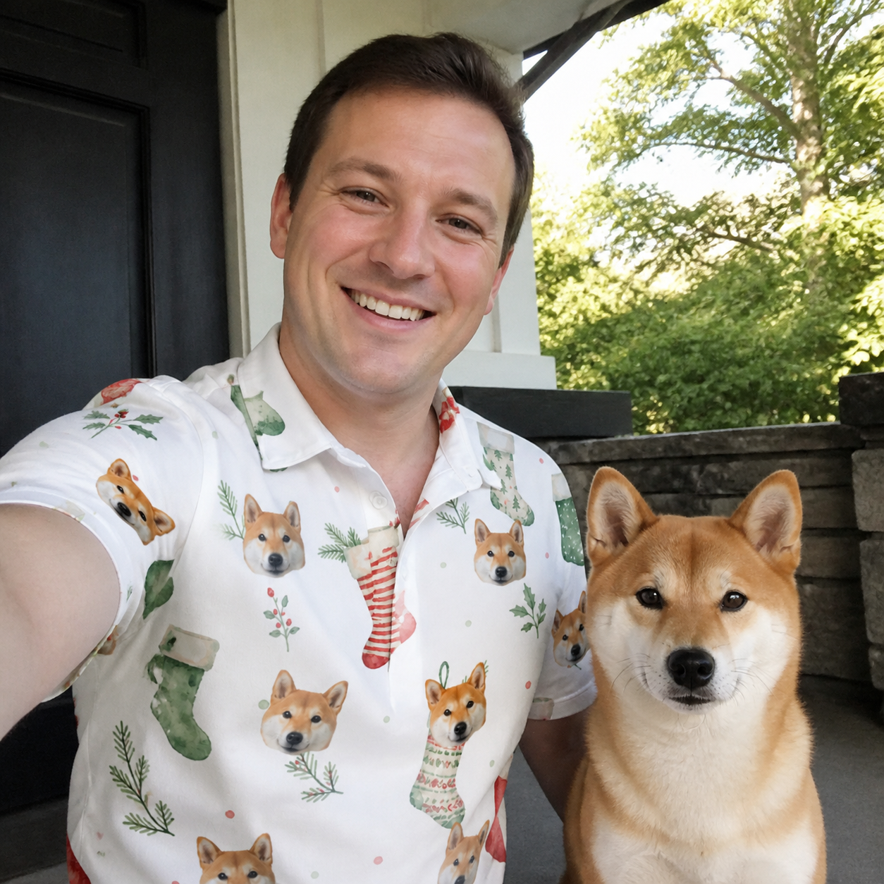 Selfie with the pet whose face is printed all over this Men's Hearth Hangers Custom Dog Face Polo Shirt