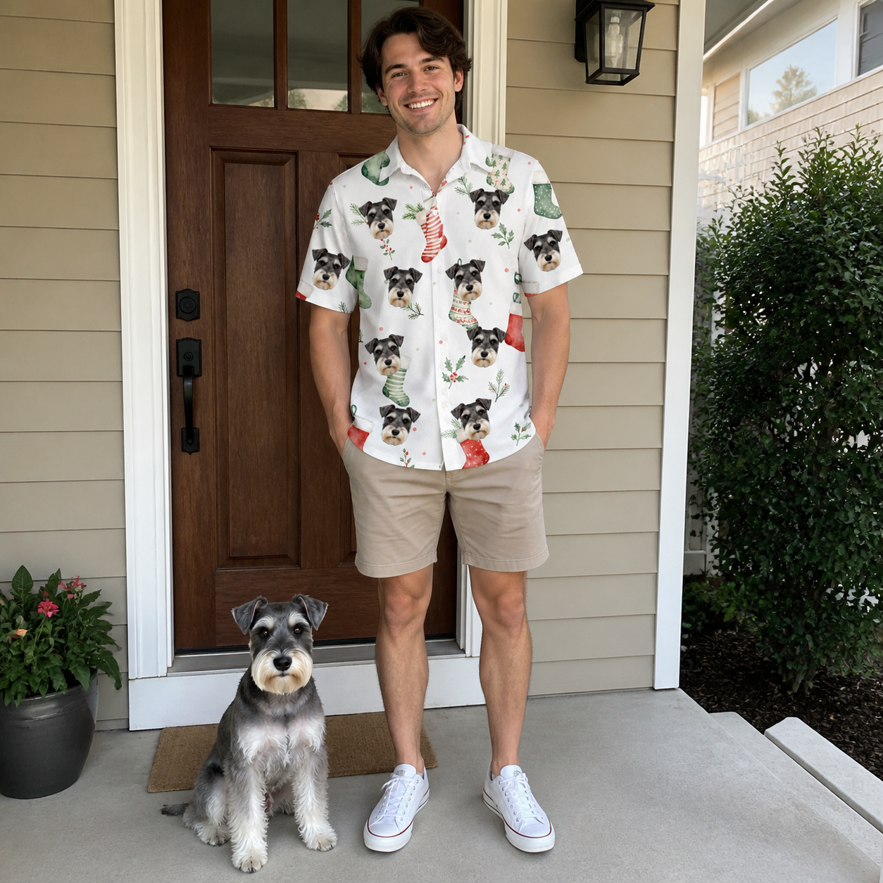Full-length photo with the pet printed all over this Men's Hearth Hangers Custom Dog Face Polo Shirt