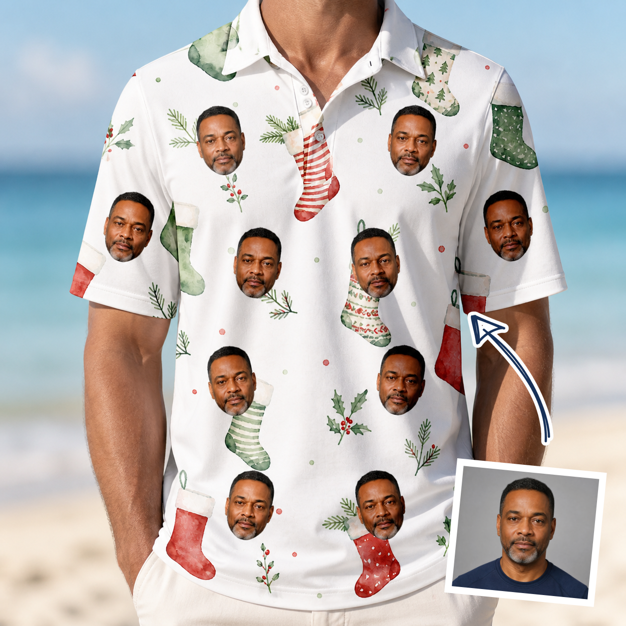 Man wearing Men's Hearth Hangers Custom Face Polo Shirt — custom faces printed all-over