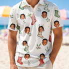 Model wearing Men's Hearth Hangers Custom Face Polo Shirt printed with kids' faces