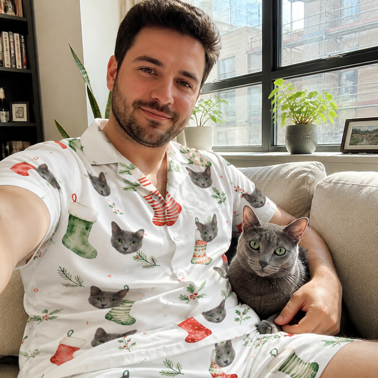 Selfie with the pet whose face is printed all over this Men's Hearth Hangers Custom Cat Face Shirt & Shorts Set