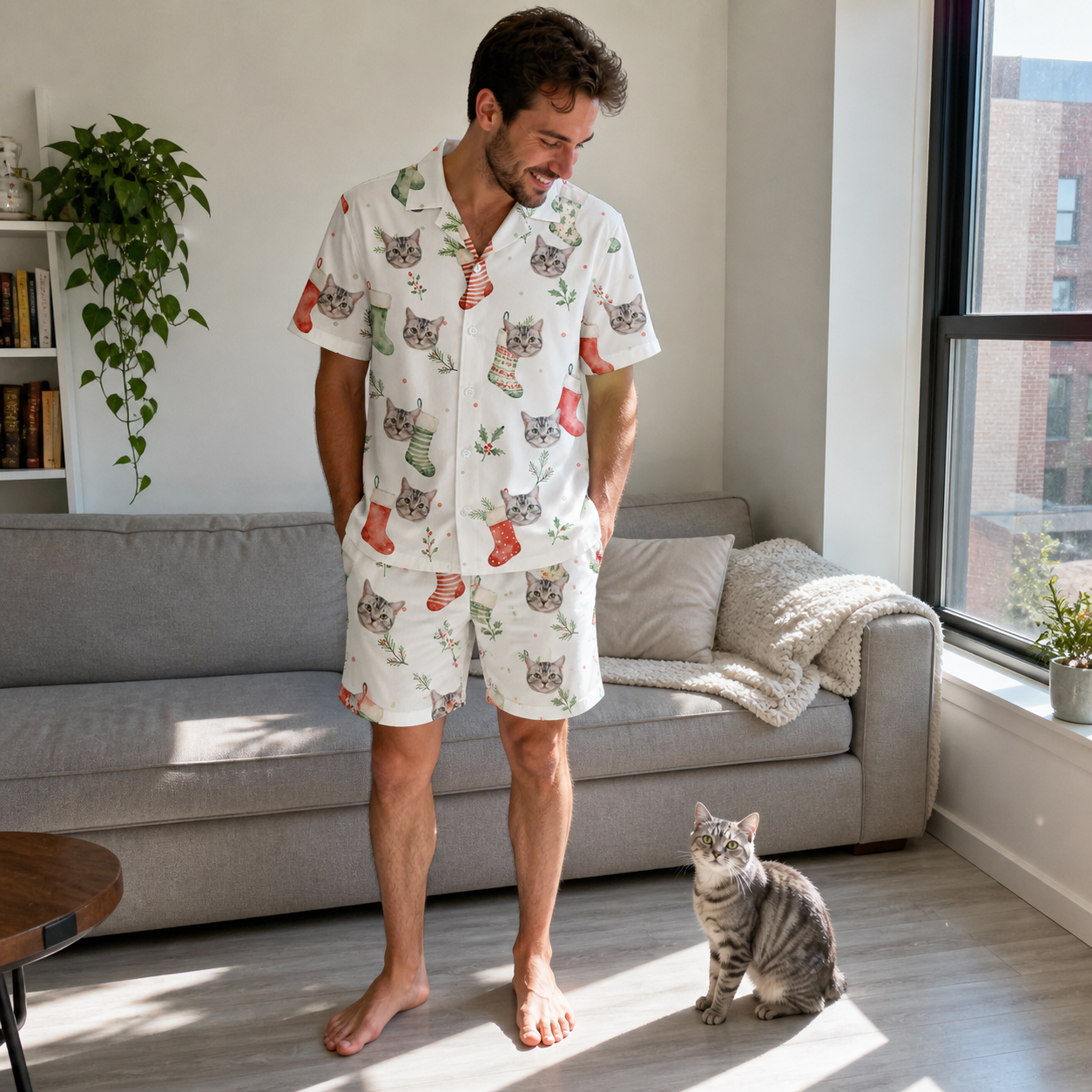 Full-length photo with the pet printed all over this Men's Hearth Hangers Custom Cat Face Shirt & Shorts Set
