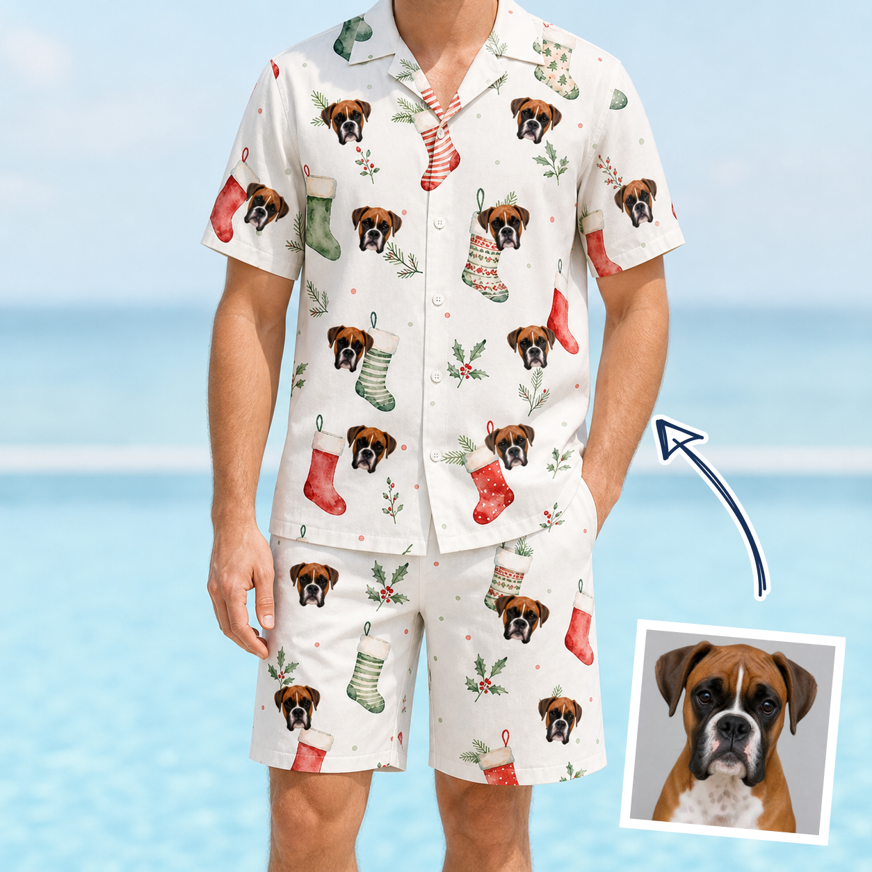 Man wearing Men's Hearth Hangers Custom Dog Face Shirt & Shorts Set — custom faces printed all-over