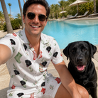 Selfie with the pet whose face is printed all over this Men's Hearth Hangers Custom Dog Face Shirt & Shorts Set