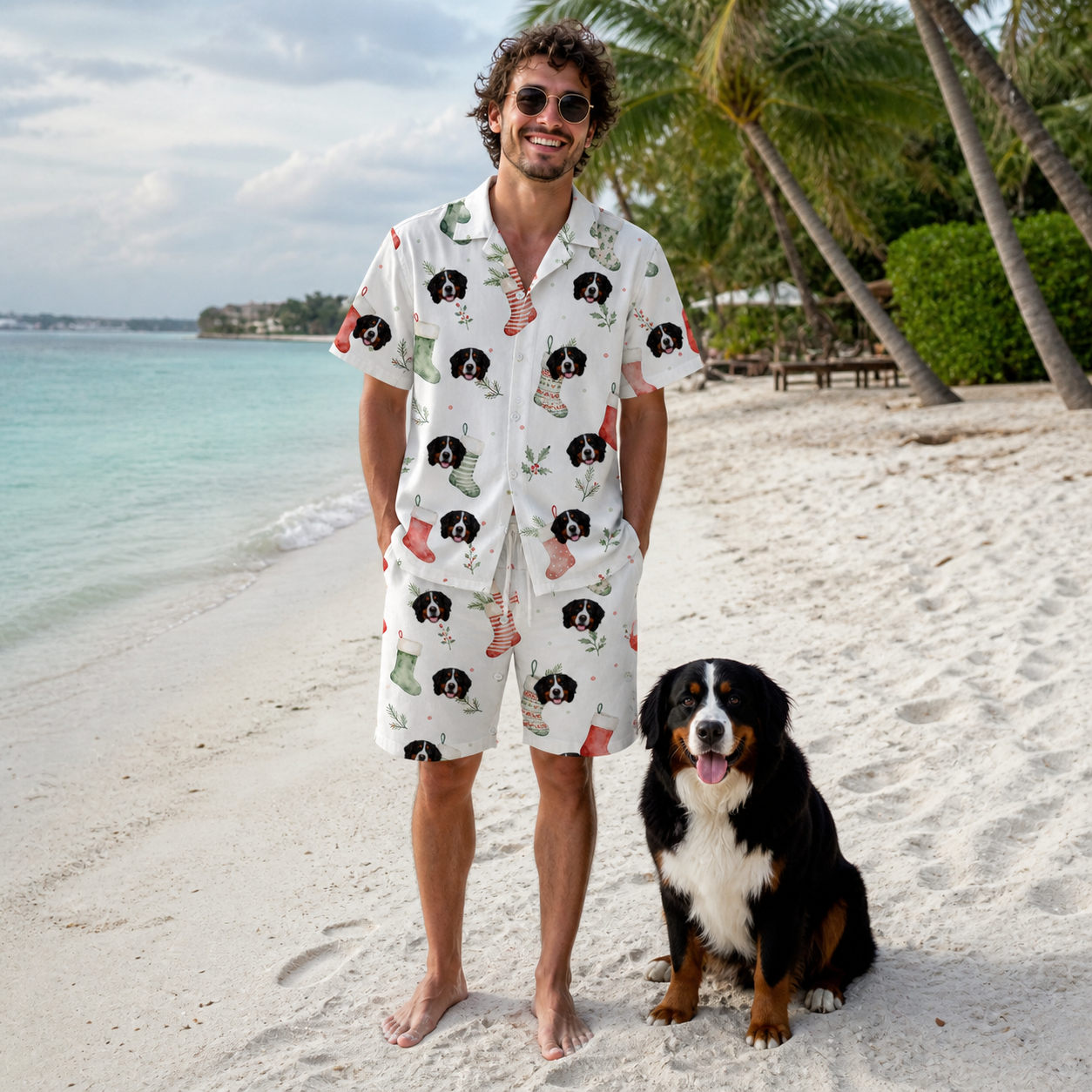 Full-length photo with the pet printed all over this Men's Hearth Hangers Custom Dog Face Shirt & Shorts Set