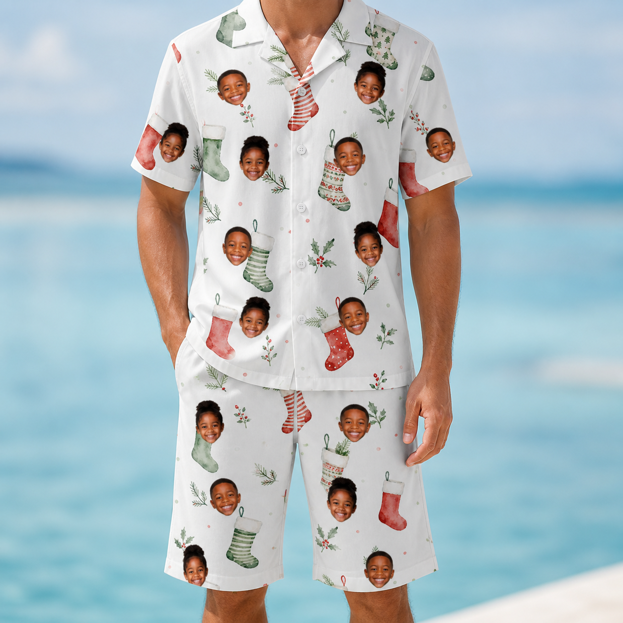 Model wearing Men's Hearth Hangers Custom Face Shirt & Shorts Set printed with kids' faces