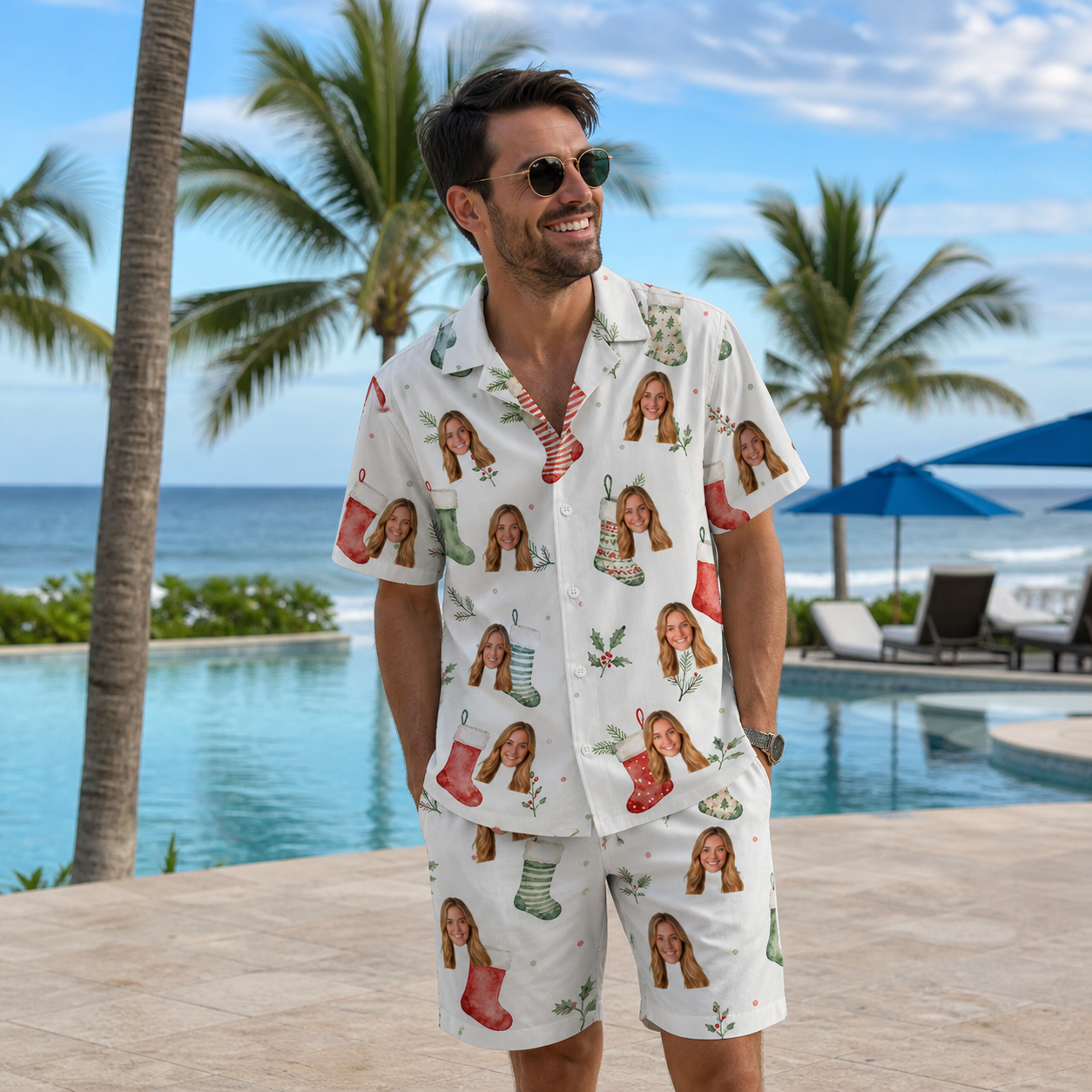 Real-life photo of someone wearing Men's Hearth Hangers Custom Face Shirt & Shorts Set — custom faces printed all-over