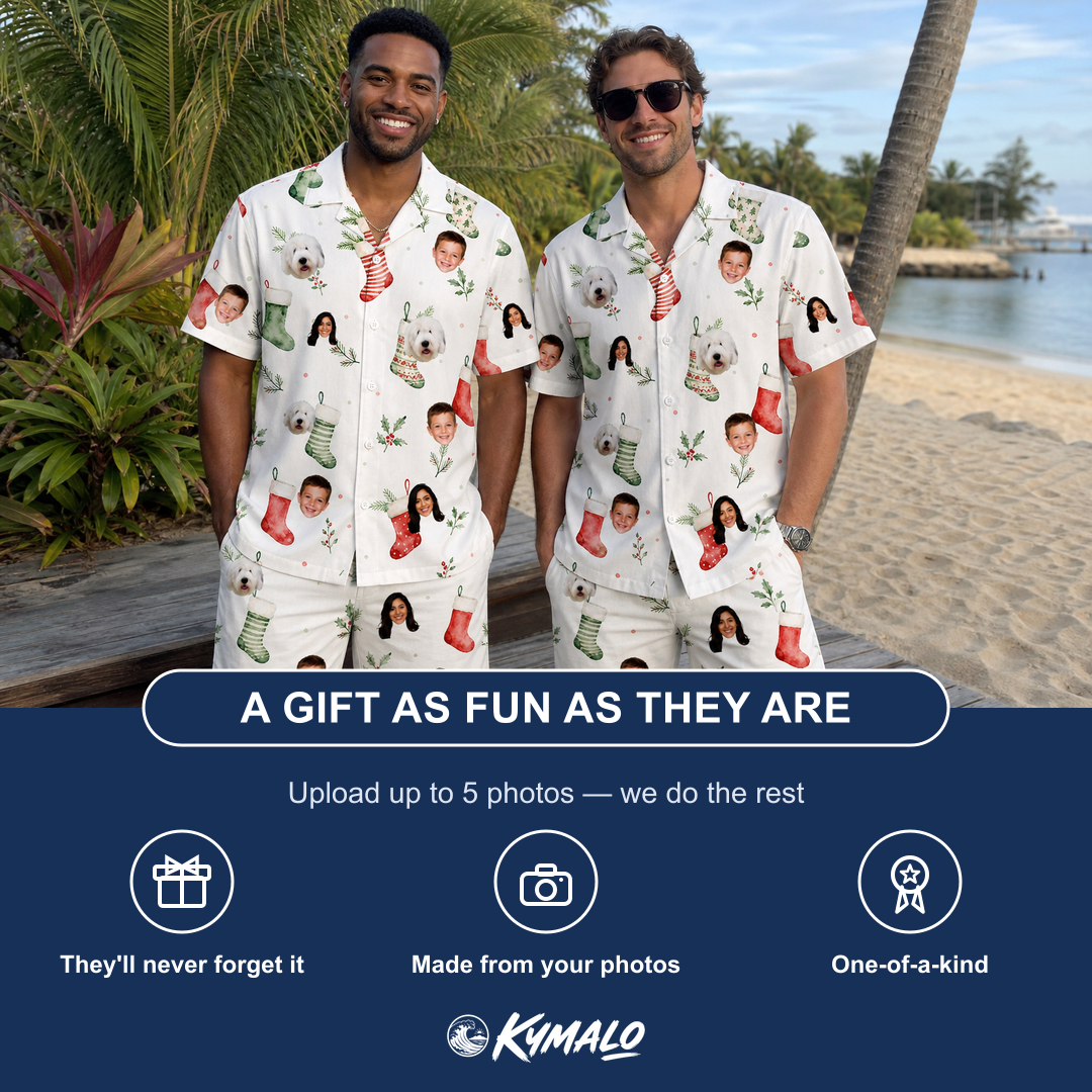 Friends in matching Men's Hearth Hangers Custom Face Shirt & Shorts Set — a group gift photo