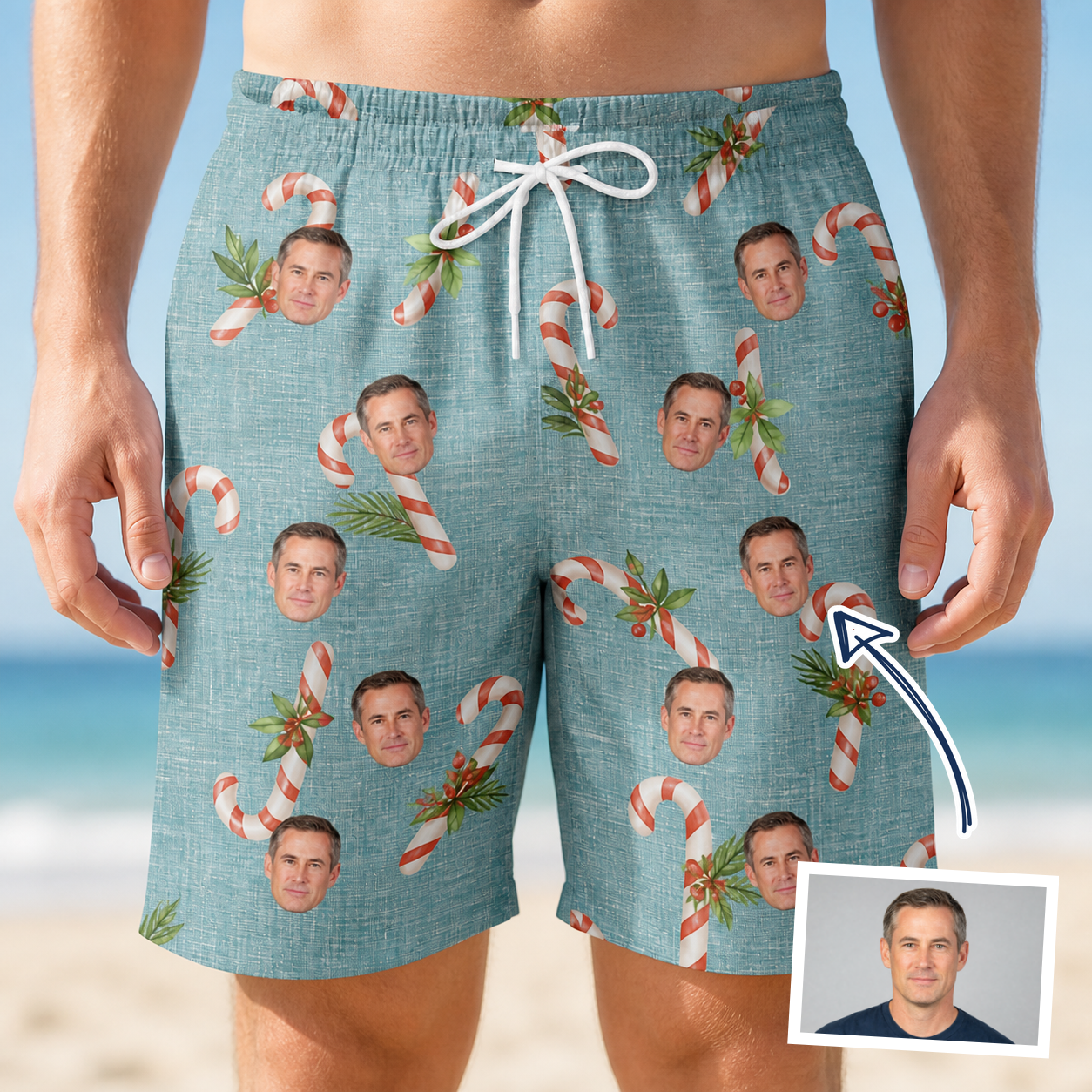 Man wearing Men's Cane Carousel Custom Face Beach Shorts — custom faces printed all-over