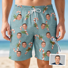 Man wearing Men's Cane Carousel Custom Face Beach Shorts — custom faces printed all-over