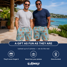 Friends in matching Men's Cane Carousel Custom Face Beach Shorts — a group gift photo