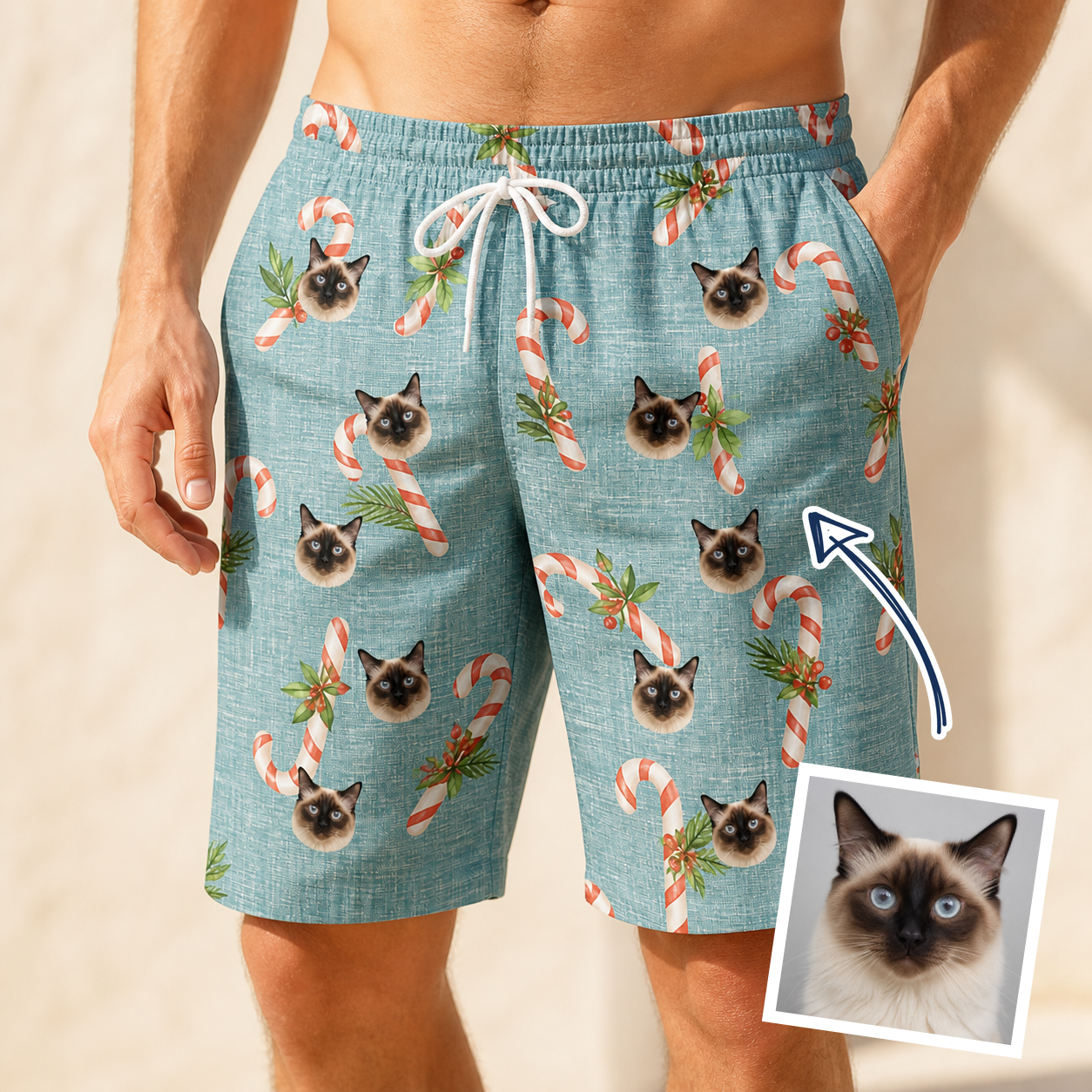 Man wearing Men's Cane Carousel Custom Cat Face Beach Shorts — custom faces printed all-over