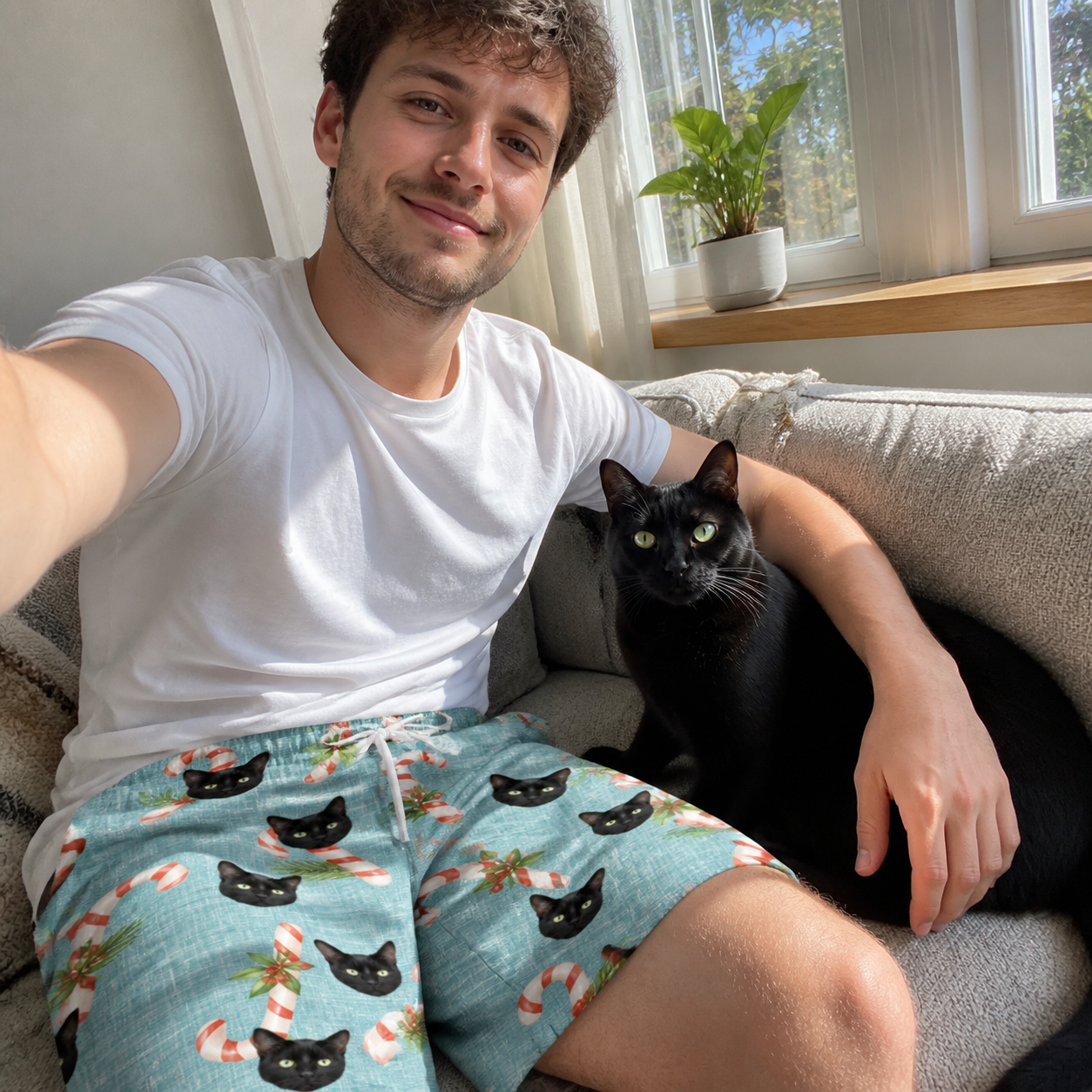 Selfie with the pet whose face is printed all over this Men's Cane Carousel Custom Cat Face Beach Shorts