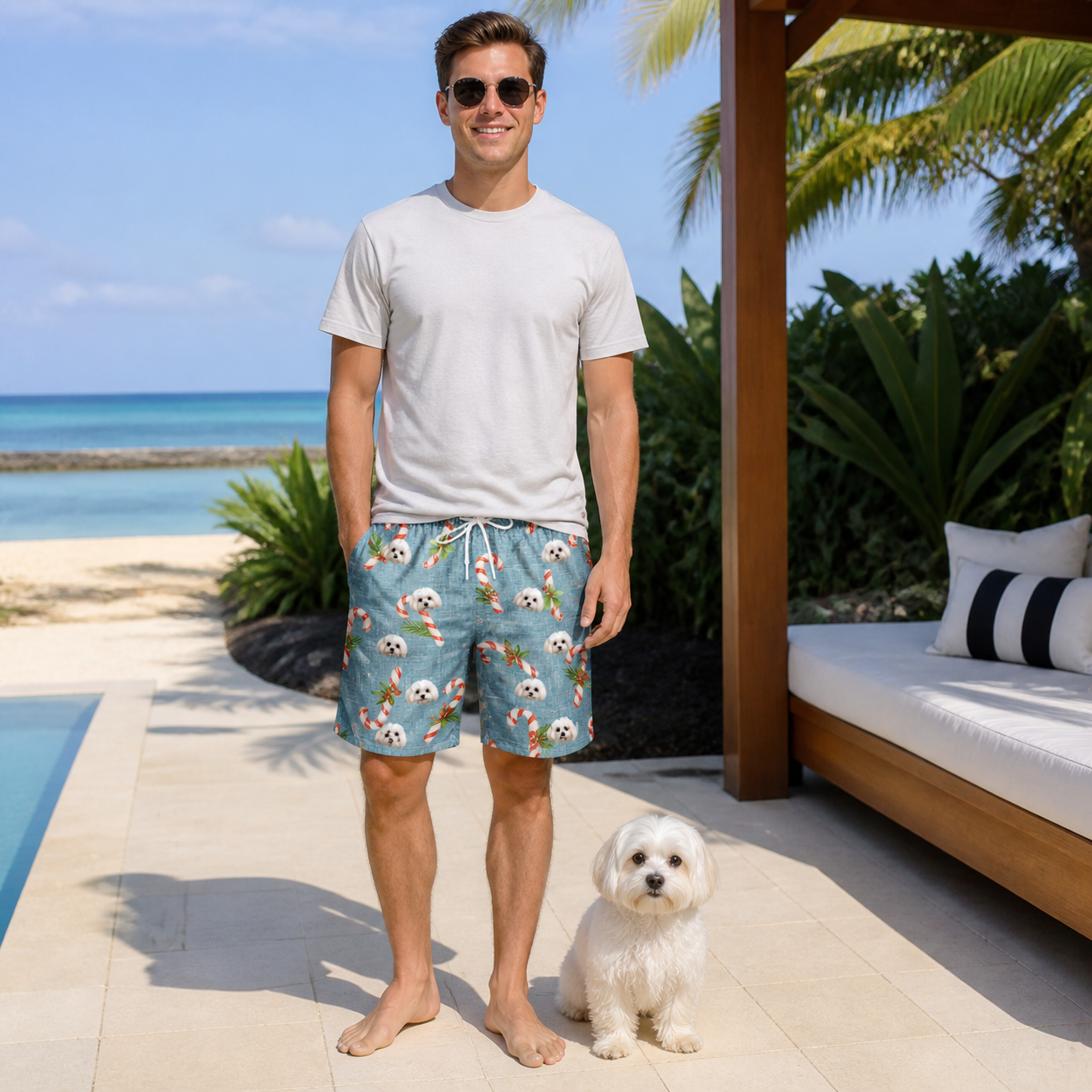 Full-length photo with the pet printed all over this Men's Cane Carousel Custom Dog Face Beach Shorts