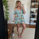 Full-length photo with the pet printed all over this Women's Cane Carousel Custom Cat Face Off-Shoulder Dress