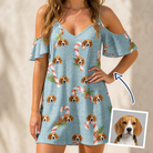 Woman wearing Women's Cane Carousel Custom Dog Face Off-Shoulder Dress — custom faces printed all-over