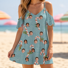 Model wearing Women's Cane Carousel Custom Face Off-Shoulder Dress printed with kids' faces