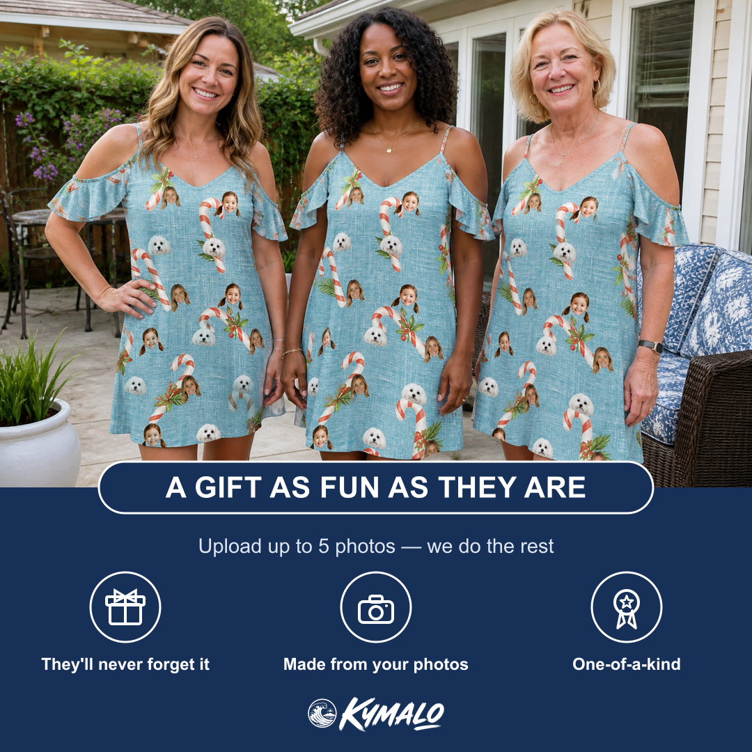 Friends in matching Women's Cane Carousel Custom Face Off-Shoulder Dress — a group gift photo