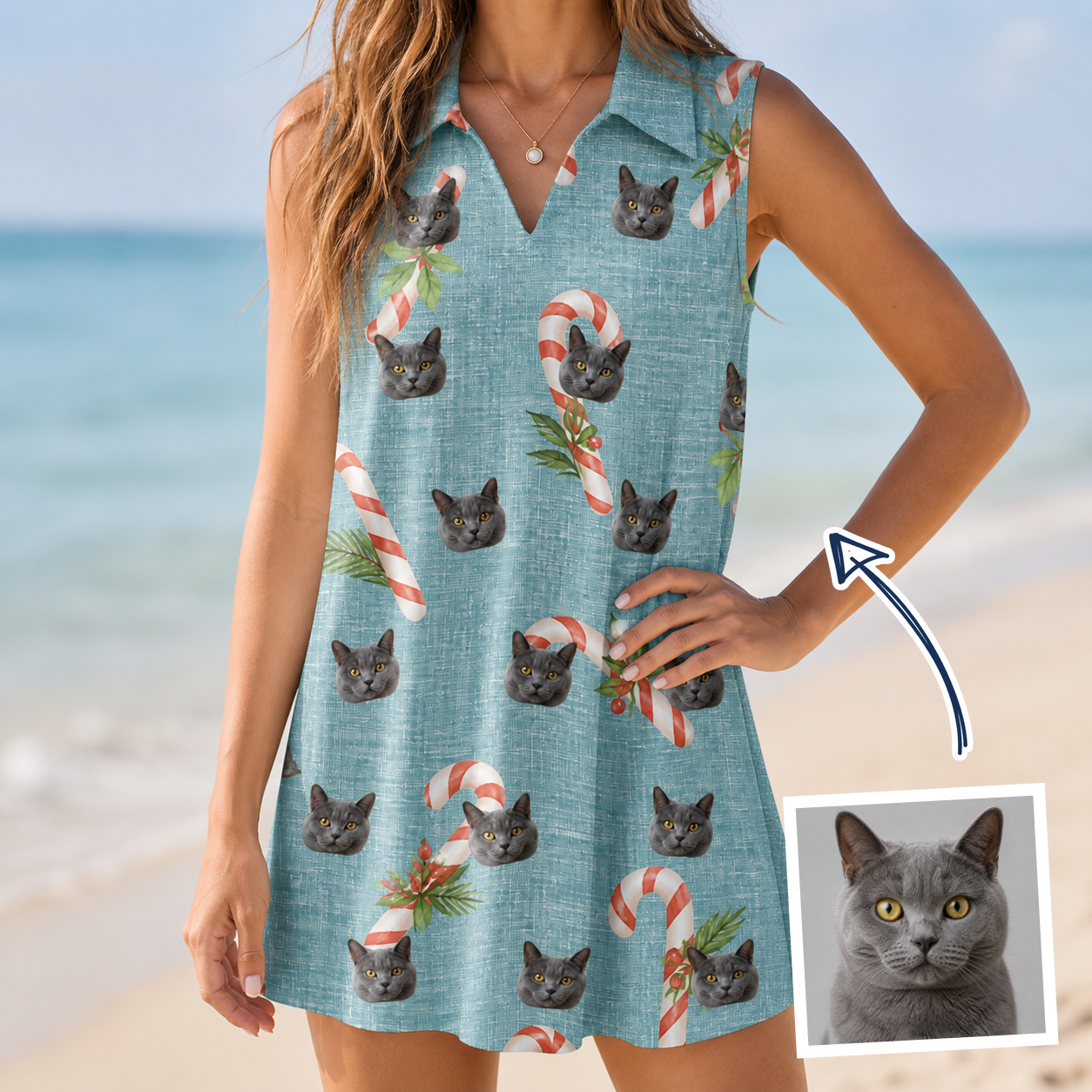 Woman wearing Women's Cane Carousel Custom Cat Face V-Neck Dress — custom faces printed all-over