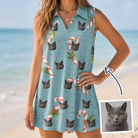 Woman wearing Women's Cane Carousel Custom Cat Face V-Neck Dress — custom faces printed all-over